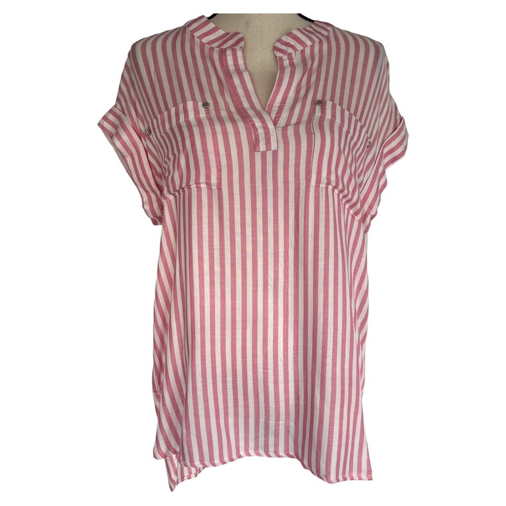 Nwt Jones New York Pink & White Pinstripe Tunic Blouse Cuffed Sleeves, Small